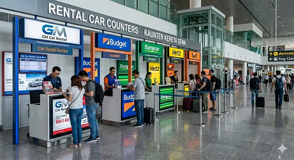 Car rental Penang Airport - Modern rental car service counter at Penang International Airport terminal